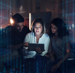 Image showing Data hologram, future overlay and tablet at night with statistics and IT team planning. Coding hologram, analytics and information technology with employee group working on ux and iot collaboration