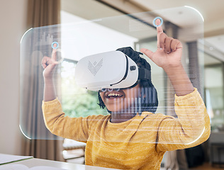 Image showing African girl child, vr and education in home with 3d overlay, hand and futuristic with ux, homework or happy study. Young female, school student and ar ui for learning, development and smile at table