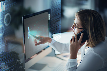 Image showing Fingerprint, computer hologram and woman in digital overlay for night password, cybersecurity biometrics and phone call. Future technology, futuristic software and app monitor of person on smartphone