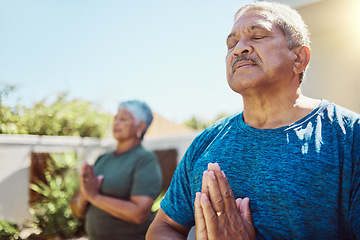 Image showing Senior couple, meditation and fitness exercise for wellness, zen and relax in garden, peace and calm. Health, workout and elderly man with woman in yard for training, meditating and cardio in Mexico