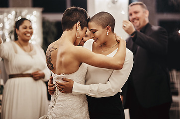 Image showing Wedding, love and dance with a lesbian couple in celebration of their union together at a ceremony of tradition. LGBT, woman or diversity with a female and partner dancing after being married