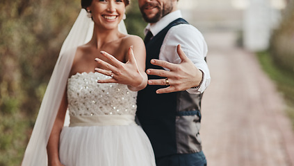 Image showing Love, couple and showing ring outdoor, happiness and celebration for relationship, achievement and loving. Romance, man and happy woman with diamonds, bonding and romantic on wedding day and ceremony