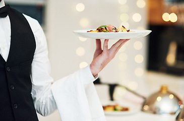 Image showing Fine dining, food and waiter serving at a restaurant for a luxury valentines day or anniversary meal. Formal, hospitality service and server with a plate or dish for a fancy special dinner date.