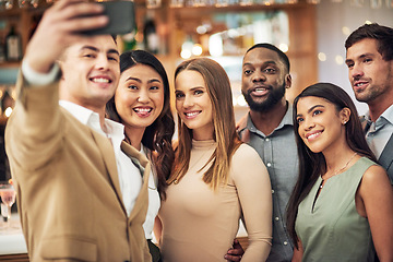 Image showing Selfie, dinner party and group of people in restaurant for luxury, formal event and celebration. Profile picture, happy women or friends for valentines update or post on social media in diversity