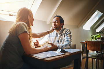 Image showing Support, love and couple holding hand for empathy, reconciliation or bonding in a coffee shop. Care, sympathy and young woman supporting and touching her husband while having a conversation in a cafe