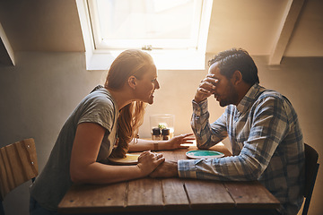 Image showing Argue, fight and breakup with a couple in a restaurant, shouting about divorce, cheating or infidelity. Anger, frustrated or unhappy with a man and woman arguing about marriage in a cafe or diner