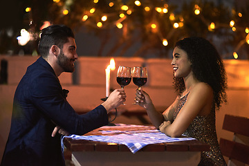 Image showing Love, wine and toast of couple on date for fine dining, restaurant or night valentine celebration together. Happy black woman with romance partner alcohol glass, celebrate and luxury in night bokeh