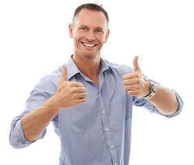 Image showing Portrait, thumbs up and business man in studio isolated on a white background. Thumbsup, support and happy male with hand gesture for like emoji, approval or thank you, yes and success motivation.