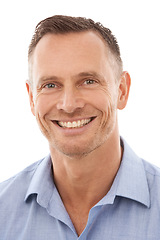 Image showing Face, portrait and business man in studio isolated on a white background, smiling and happy with career. Boss, ceo and proud male entrepreneur from Canada with vision, mission and success mindset.