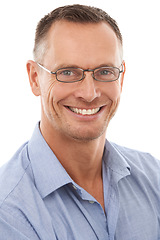 Image showing Happy, confident and portrait of a handsome man isolated on a white background in a studio. Smile, glasses and face of a businessman with confidence, success and vision for a company on a backdrop