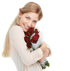 Image showing Woman with roses, smile in portrait with gift for Valentines day, love and nature isolated on white background. Happiness, romance and female hug red bouquet with holiday celebration and mockup space