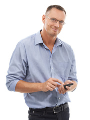 Image showing Phone, portrait and business man in studio isolated on a white background for social media. Technology, smartphone and mature male entrepreneur with mobile cellphone for internet browsing or texting.