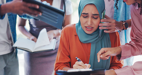 Image showing Phone call, busy and Muslim woman signing documents, corporate anxiety and management stress. Tired, chaos and Islamic employee talking on a mobile while giving approval signature for paperwork