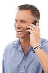 Image showing Phone call, contact and communication with a mature man in studio isolated on a white background. Mobile, talking and conversation with a handsome male on blank space for networking or chatting