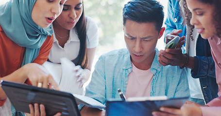 Image showing Multitasking, busy and rush with a business asian man feeling overwhelmed by work tasks, deadlines or team pressure. Documents, phone or signature with a male manager juggling the demand of employees