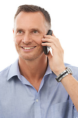 Image showing Man, phone call and conversation for business, smile and planning with guy isolated on white studio background. Male, employee and happy consultant with smartphone, talking and connection on backdrop