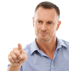 Image showing Business man, hand with finger point and touch, virtual screen and technology abstract isolated on white background. Press, digital and face, scroll and ui, user experience and future tech in studio