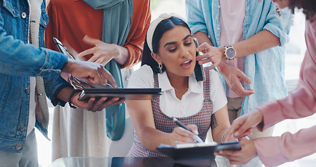 Image showing Chaos, stress and business woman in office with time management, planning and employee workflow problem, crisis or startup anxiety. Phone call, documents and manager working in administration career