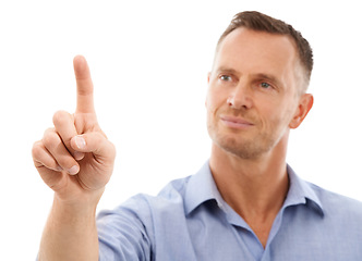 Image showing Business man, face with finger point and touch, virtual screen and technology abstract isolated on white background. Press digital device, scroll and ui, user experience and future tech in studio