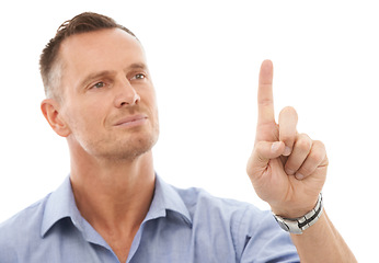 Image showing Business man, face with finger pointing and touch, virtual screen and technology abstract isolated on white background. Press digital device, scroll and ui, user experience and future tech in studio