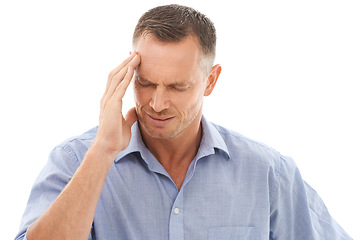 Image showing Headache, stress and business man in studio with migraine isolated on a white background. Mental health, burnout and mature male entrepreneur with anxiety, pain or head ache, depression or frustrated