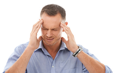 Image showing Burnout, headache and business man in studio with migraine isolated on a white background. Mental health, stress and face of mature male entrepreneur with anxiety, pain or head ache and depression.