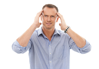 Image showing Business man, face in portrait with headache, hands on temple with pain and health problem isolated on white background. Male employee has migraine in studio, corporate burnout and stress from job