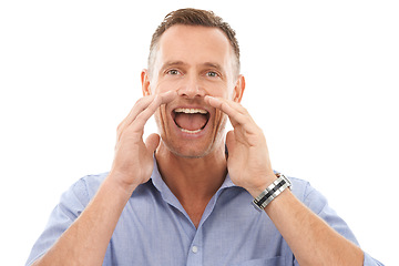 Image showing Shouting, happy and portrait of a man with an announcement isolated on a white background. Screaming, yelling and businessman cupping hands for gossip, conversation or communication on a backdrop