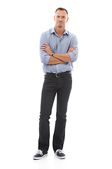 Image showing Confident, success and portrait of a businessman with arms crossed isolated on a white background. Executive, content and tall man with confidence, experience and motivation for corporate work