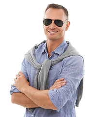 Image showing Arms crossed, cool and portrait of a man with sunglasses isolated on a white background in studio. Happy, confident and relaxed mature guy with confidence, style and shades for summer on a backdrop