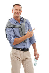 Image showing Man, hand and pointing for product placement standing isolated against a white studio background. Portrait of happy male with smile showing gesture or pointed finger for advertisement on mockup