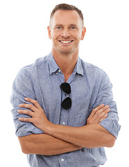 Image showing Business man with smile in portrait, arms crossed and happy in career, success and fashion isolated on white background. Male, positive mindset in studio and sunglasses, style and professional growth