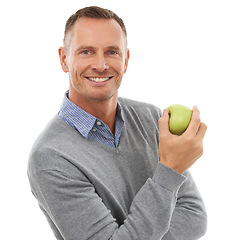 Image showing Studio portrait, healthy diet and apple fruit for health, eating and wellness isolated on a white background. Model person with nutrition vegan food for benefits, smile motivation and clean eating