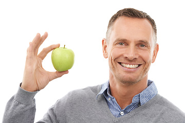 Image showing Man, studio portrait and apple in hands for health, diet and wellness isolated on a white background. Model person with nutrition vegan fruit food for a healthy lifestyle, motivation and clean eating