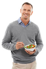 Image showing Man, studio portrait and salad for health, diet and wellness isolated on a white background. Happy model person with vegan nutrition food bowl for healthy lifestyle, motivation and eating vegetables