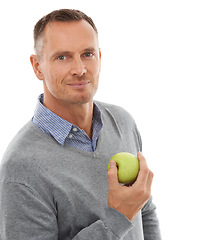 Image showing Fruit, apple portrait and health man for eating, diet and wellness isolated on a white background. Model person with nutrition vegan food for healthy lifestyle, motivation and clean eating in studio