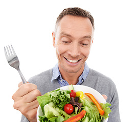 Image showing Happy man with salad isolated on a white background of healthy diet, green lunch choice or nutritionist lifestyle. Smile of person or model with vegetables, food bowl for vegan or nutrition in studio