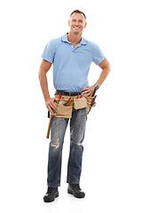 Image showing Handyman, industry and portrait of a man in studio with a tool belt for repairs or maintenance. Happy, smile and full length of male industrial worker standing with tools isolated by white background