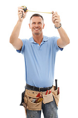 Image showing Measuring tape, construction worker and man with tools for engineering, maintenance and building. Manual labor, repair service and contractor, builder and handyman with gear belt on white background