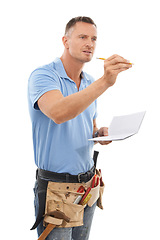 Image showing Man, notebook and tool belt for maintenance, handyman or guy isolated on white studio background. Male construction worker, business owner or entrepreneur with equipment or writing for measurements