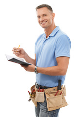 Image showing Handyman, contractor or man isolated on a white background with notebook, invoice and tools. Professional construction worker, model or person writing notes for career services portrait in a studio