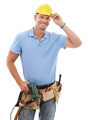 Image showing Tools, construction worker and portrait of man with ppe for engineering, maintenance and building. Manual labor, repair service and contractor, builder and handyman with gear belt on white background