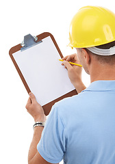 Image showing Clipboard space, construction worker and man isolated on a white background for inspection or engineering checklist. Builder, contractor or project manager person with paper writing mockup in studio