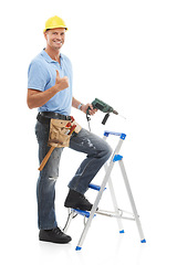 Image showing Thumbs up, portrait and repairman in a studio with a drill, tool belt and ladder for maintenance. Happy, smile and male industry worker or handyman with tools for repairs isolated by white background