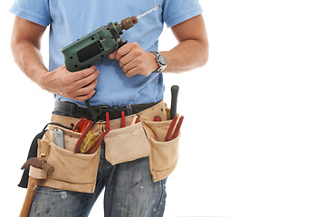 Image showing Drill, construction and hands of man with tools belt for engineering, maintenance and building. Manual labor, technician service and contractor, builder and handyman with gear bag on white background