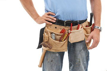 Image showing Construction worker, tools bag and man on a white background for engineering, maintenance and building. Manual labor, repair service and zoom of contractor, builder and handyman with gear in studio