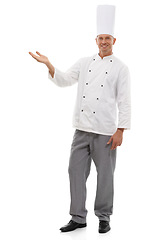 Image showing Chef, full body portrait and man mockup, product placement and confident smile isolated on white background. Happy executive cook in uniform, menu presentation and small business discount in studio.