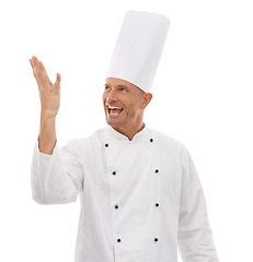 Image showing Man, chef and celebrating skill for taste, cooking or creation standing isolated on a white studio background. Happy male culinary artist or cuisinier in uniform with proud smile for food expertise