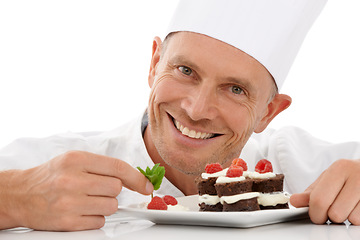 Image showing Bakery, baking and portrait of a chef with cake presentation isolated on a white background in a studio. Fruit, food and face of a professional baker with a sweet chocolate dessert for catering