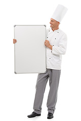 Image showing Chef man with board isolated on a white background for empty menu, design mockup and career services. Professional culinary, cooking or bakery person with whiteboard presentation for ideas mock up